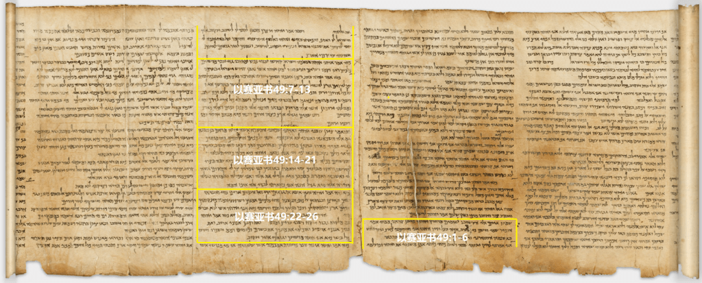 上图：出土于昆兰一号洞的主前1世纪《以赛亚书》羊皮卷（The Great Isaiah Scroll，1QIsaa），图中显示49章的分段方法。