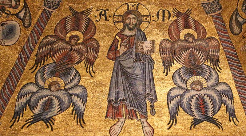 上图：佛罗伦萨圣乔瓦尼教堂（Baptistry of San Giovanni）圆顶上的马赛克壁画（1225-1310年），基督周围环绕着天使。蓝色的是基路伯，红色的是撒拉弗。