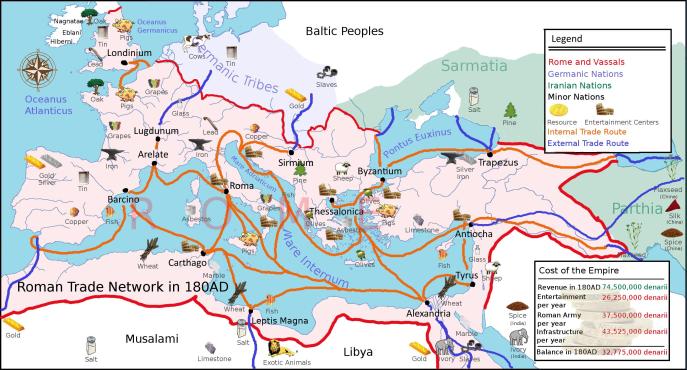上图:主后180年罗马帝国的贸易网络和商品。来自欧、亚、非大陆各地的商品最后通过地中海的船队运到罗马,无数人靠着这个贸易网络谋生。