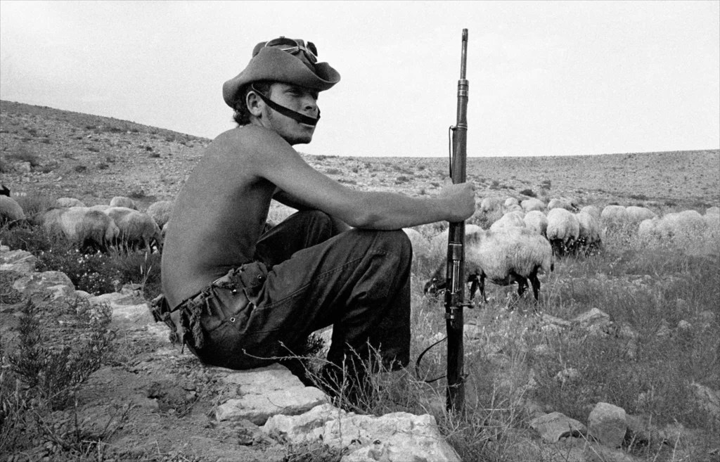 上图：1954年在以色列南地旷野中的武装牧羊人（摄影：Frank Horvat），一边牧羊、一边保卫基布兹农场。以色列1948年复国之后，马上就遭遇了第一次中东战争，不采取全民皆兵就无法生存。