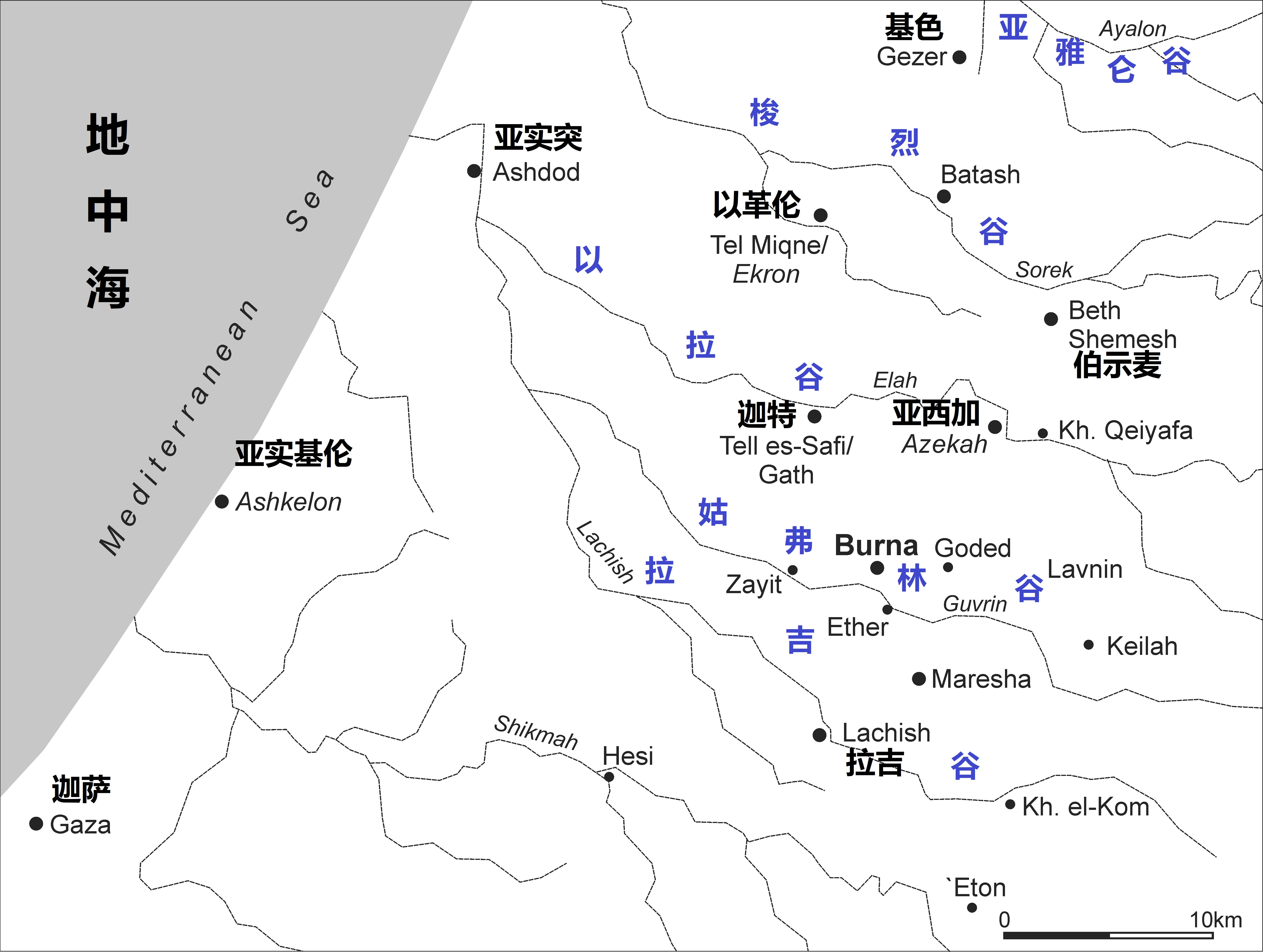 上图：示非拉丘陵的五个山谷。示非拉丘陵位于犹大山地和非利士沿海平原之间，许多季节性的河道经过这里流向平原，形成五个东西走向的主要山谷，成为从非利士沿海平原进入犹大山地的天然交通路线，也成为以色列人与非利士人经常争战的地方。这五个山谷从北到南依次是： 1、亚雅仑谷（Aijalon Valley）：亚雅仑谷的上游有两条支谷，北支谷通往便雅悯高原中部，南支谷通往耶路撒冷。基色扼守亚雅仑谷西边的入口，上伯和仑和下伯和仑是通往便雅悯的两个重要城邑。 2、梭烈谷（Sorek Valley）：梭烈谷在五个山谷中最平缓，所以成为进入犹大山地优先选择的通道，可以通往耶路撒冷和伯利恒。梭烈谷就是参孙对抗非利士人的地方。 3、以拉谷（Elah Valley）：这是进入希伯仑和伯利恒的关键通道。亚西加扼守着以拉谷西边的入口。以拉谷是大卫与巨人歌利亚决战的地方。 4、姑弗林谷（Guvrin Valley）：姑弗林谷可以通往希伯仑，但比较少被人使用。 5、拉吉谷（Lachish Valley）：拉吉谷可以通往犹大山地南部的重要城市希伯仑。