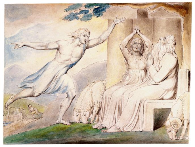 上图:英国诗人、画家威廉·布莱克(William Blake,1757-1827年)的版画《信使向约伯报告他的不幸 The Messengers Tell Job of His Misfortunes》,描绘「惟有我一人逃脱,来报信给你」(伯一15)。