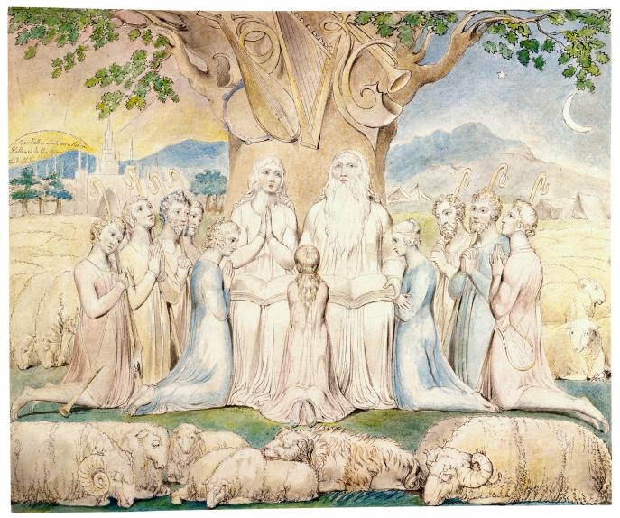 上图:英国诗人、画家威廉·布莱克(William Blake,1757-1827年)的版画《约伯和他的家庭 Job and his family》,描绘「约伯常常这样行」(伯一5)。