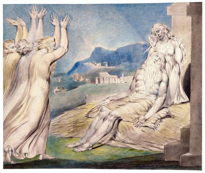 上图：英国诗人、画家威廉·布莱克（William Blake，1757-1827年）的版画《约伯的安慰者 Job's Comforters》，描绘「他们远远地举目观看，认不出他来，就放声大哭。各人撕裂外袍，把尘土向天扬起来，落在自己的头上」（伯二12）。