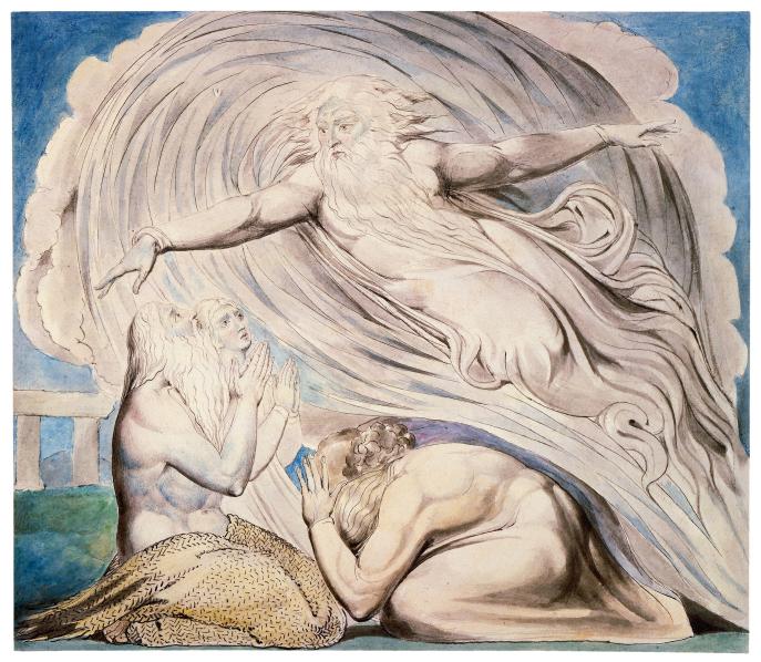 上图:英国诗人、画家威廉·布莱克(William Blake,1757-1827年)的版画《耶和华在旋风中回答约伯 The Lord Answering Job out of the Whirlwind》,描绘「那时,耶和华从旋风中回答约伯」(伯三十八1)。