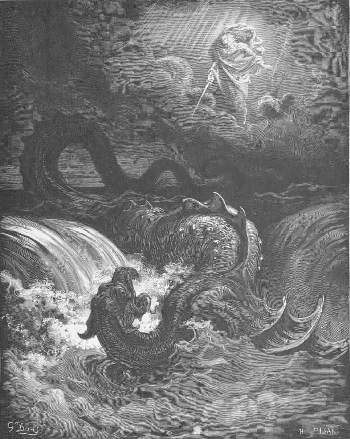 上图：法国版画家古斯塔夫·多雷（Gustave Doré，1832-1883年）1866年的木刻《利维坦的毁灭 The Destruction of Leviathan》。
