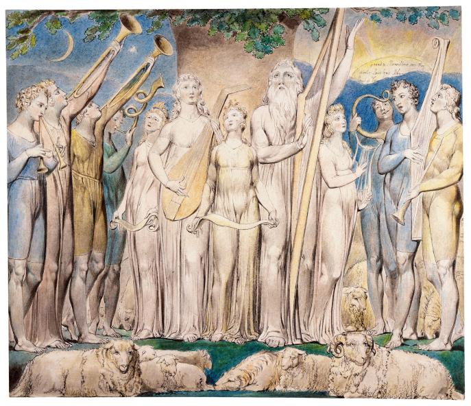 上图：英国诗人、画家威廉·布莱克（William Blake，1757-1827年）的版画《约伯和他的家庭被恢复 Job and His Family Restored to Prosperity》，描绘「这样，耶和华后来赐福给约伯比先前更多」（伯四十二12）。