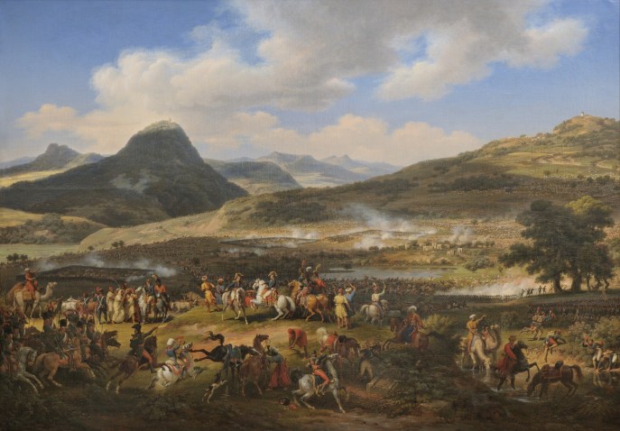 上图：描绘1799年4月16日拿破仑他泊山战役（Battle of Mount Tabor）油画。拿破仑在远征埃及时，4千法军在他泊山下的耶斯列平原阻击奥斯曼土耳其援军3万千人，最终取胜。当时基顺河平原也泛滥，一些土耳其人在逃跑时淹死。