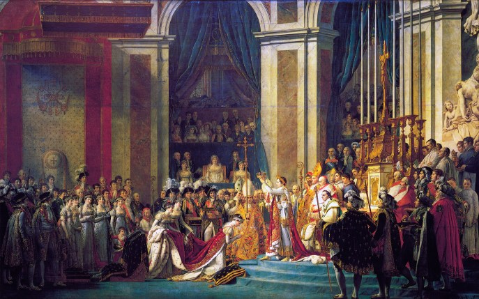 上图：法国大革命画家雅克-路易·大卫（Jacques-Louis David）1807年的油画作品《拿破仑加冕典礼 The Coronation of Napoleon》，描绘1804年12月巴黎圣母院的拿破仑加冕大典。在教宗庇护七世的旁观下，拿破仑自己将皇冠戴到头上，然后加冕妻子为皇后。1804年11月，昔日追求「自由、平等、博爱」，投票把善良的国王路易十六推上断头台的法国革命群众，又通过公民投票把法兰西共和国改为法兰西帝国，拥戴拿破仑（Napoleon）为皇帝。而昔日的革命者雅克-路易·大卫也放弃了革命信仰，摇身一变成为宫廷画师，为拿破仑皇帝画了许多著名的画像，包括《跨越阿尔卑斯山圣伯纳隘道的拿破仑 Napoleon Crossing the Alps》。法国人为了追求自由、民主、「公义」的革命，结果不过是给自己换了一个皇帝。相似的一幕此后在世界各国的政治舞台上不断重演，不住地让人反思什幺才是「公义」的标准。