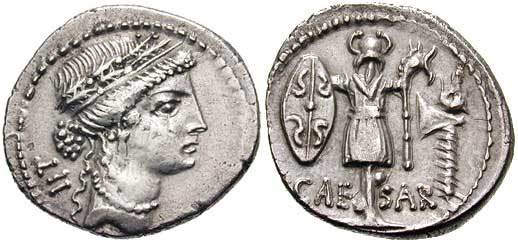 上图：罗马帝国的银币得拿利乌Denarius，上面有该撒头像和名字。