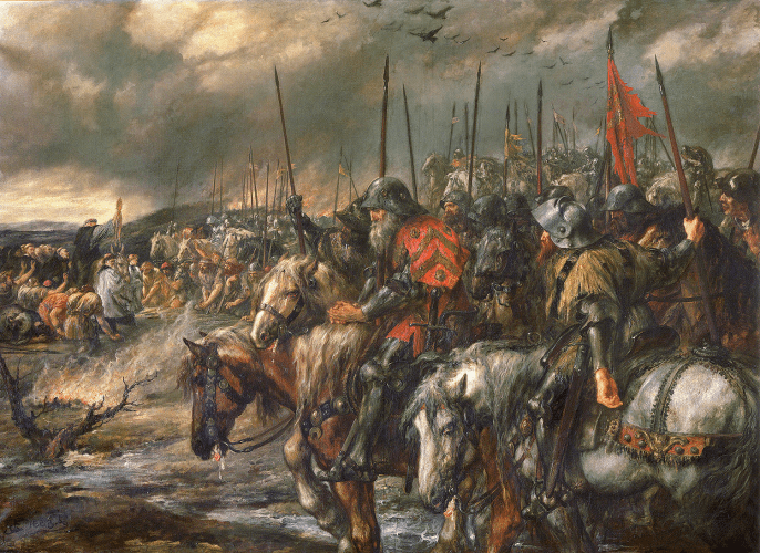上图:19世纪的油画《阿金库尔战役的早晨 Morning of the Battle of Agincourt》。1415年的阿金库尔战役是英法百年战争中著名的以少胜多之役。16世纪霍林斯赫德(Raphael Holinshed)的《英格兰、苏格兰和爱尔兰编年史》记载,英王亨利五世大败法军之后,全军奉命齐唱诗篇一百一十四、一百一十五篇。当唱到「耶和华啊,荣耀不要归与我们 Non nobis, Domine」时,全军一起下跪。莎士比亚在《亨利五世》一剧中也表现了此事。