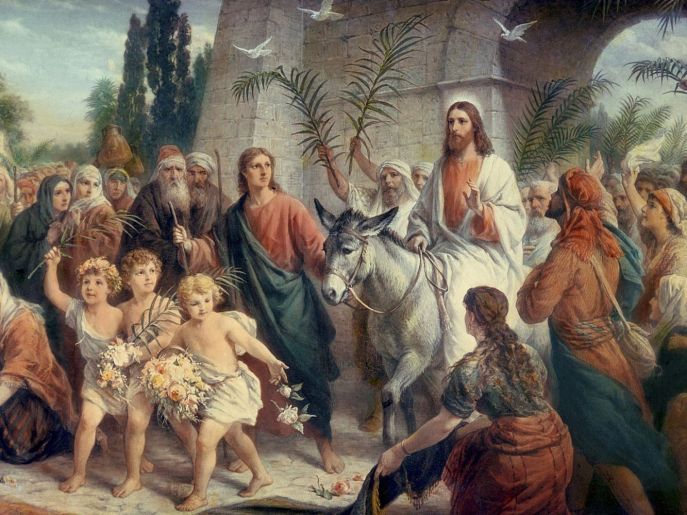 上图:耶稣基督骑驴进入耶路撒冷的艺术想象图。棕树主日(Palm Sunday)是复活节之前的主日,标志着圣周的开始,是天主教、东正教、圣公会、信义宗等基督教宗派庆祝的节日,以记念耶稣基督在这一天骑驴入耶路撒冷,百姓手持棕榈树枝、欢呼和散那,把祂当作弥赛亚君王来欢迎。