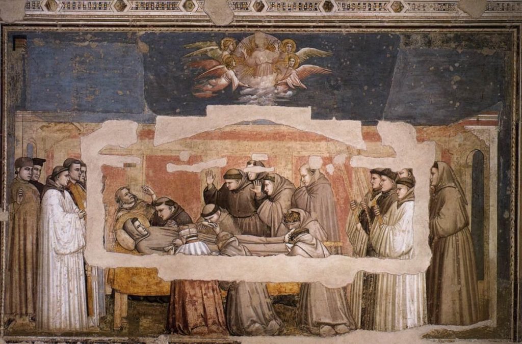 上图：《圣方济之死》，西方绘画之父乔托（Giotto di Bondone）1325年的作品。方济各会（Francesco）的创始人亚西西的方济各（Francis of Assisi）在临终前背诵了诗篇一百四十二篇。