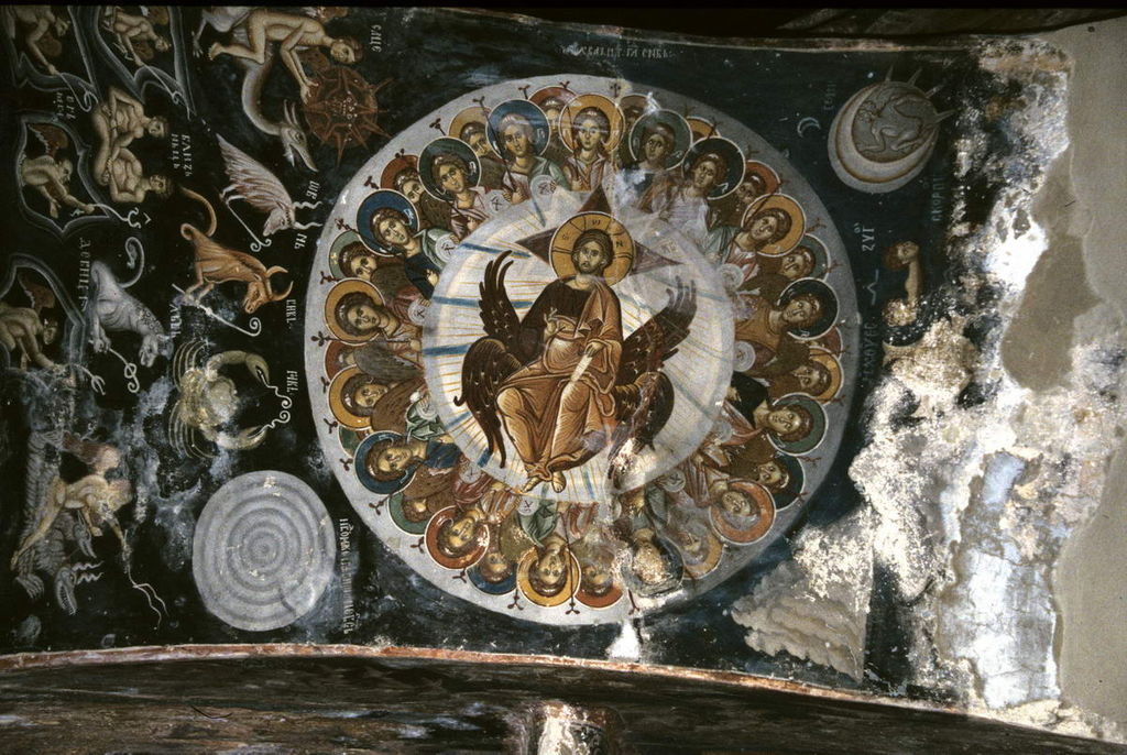 上图:马其顿莱斯诺沃修道院(Lesnovo monastery)中14世纪的诗篇一百四十八篇壁画。