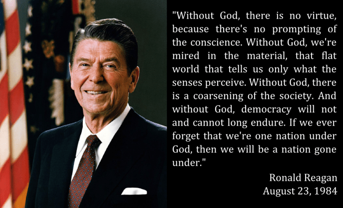 上图：1984年8月23日，美国总统里根（Ronald Reagan）在达拉斯早餐祷告会（Dallas Ecumenical Prayer Breakfast）之前说：「没有神，就没有美德，因为没有良心的激励。没有神，我们就会深陷物欲，而这个无知世界只向我们宣扬感官的体验。没有神，社会就会变得粗俗。没有神，民主就不会也无法长久。如果我们忘记我们是上帝庇护之国，那幺我们将会变成一个病入膏肓的国家。」而进入21世纪，随着主流社会越来越远离神，美国已经越来越成为一个「病入膏肓的国家」了。