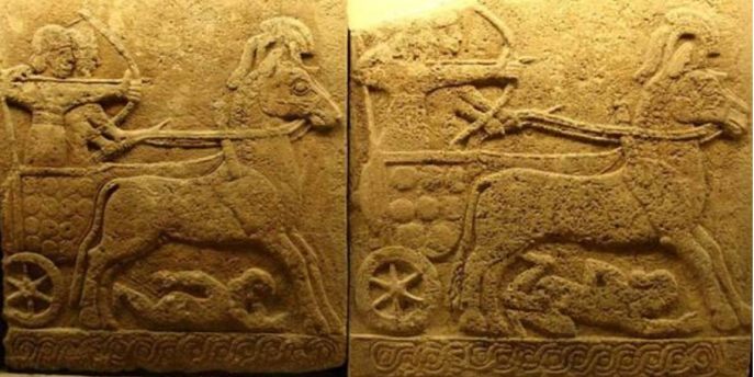 上图：主前9世纪的卡尔凯美什（Carchemish）浮雕，描绘赫人的战车轧过敌人。