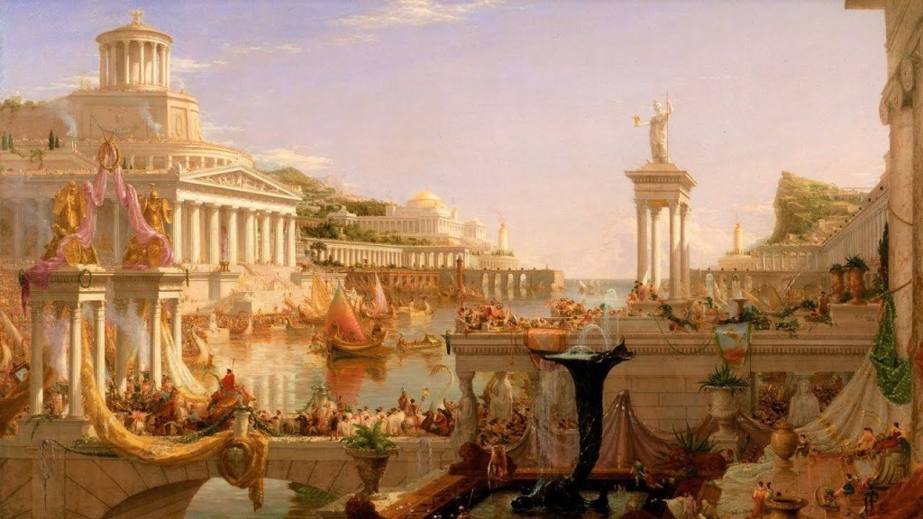 上图:描绘「罗马和平」(拉丁文:Pax Romana)的油画(Thomas Cole : The Consummation, The Course of the Empire,1836)。罗马和平,又译为罗马治世,是指罗马帝国前二百年比较兴盛的时期。主前30年,屋大维消灭埃及托勒密王朝,结束了罗马内战。统治整个地中海、黑海沿岸地区,法制相对公正严明,境内常年太平、治安良好,水陆交通通畅,使各族人民得以安居乐业、自由贸易,进入二百年长期繁荣的罗马治世时期。因此,逐渐有人建立庙宇,同时供奉罗马女神(Roma)和尤利乌斯·凯撒,渐渐演变为敬拜罗马女神和在位的凯撒,最终演变成凯撒崇拜的新宗教。罗马和平(Pax Romana)这个概念的影响如此之大,以致历史学家们用拉丁语创造了许多变体,如:不列颠和平(Pax Britannica)、美利坚和平(Pax Americana)、欧盟和平(Pax Europaea)、西班牙和平(Pax Hispanica)、蒙古和平(Pax Mongolica)、奥斯曼和平(Pax Ottomana)、伊斯兰和平(Pax Islamica)、中华和平(Pax Sinica)、苏维埃和平(Pax Sovietica)。这个概念被统称为「帝国和平 Pax Imperia)」,而实质都是「淫妇和平 Pax Meretrix」。