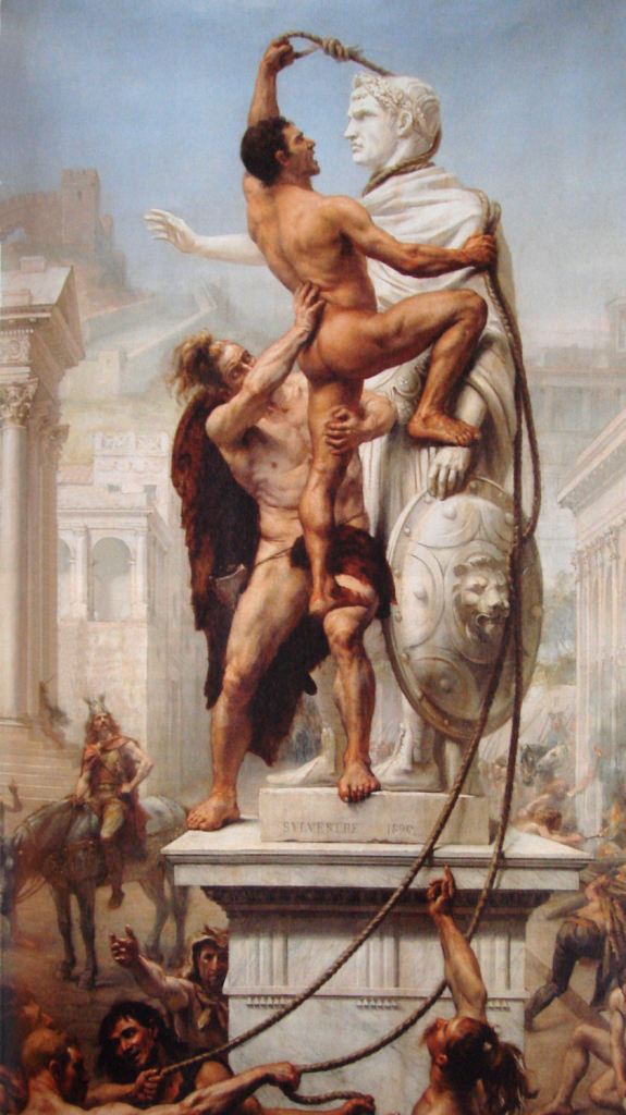 上图：油画《410年洗劫罗马》（The Sack of Rome by the Barbarians in 410, Joseph-Noël Sylvestre绘于1890年）。在罗马帝国北方边境以外的蛮族是对罗马帝国的威胁。在4世纪末之前，罗马人总能够成功将他们驱逐，或将他们同化到自己的社会结构中。罗马帝国采取以蛮制蛮的政策，吸收蛮族人入伍，导致罗马军队逐渐蛮族化，把大批蛮族部落居民以军事移民方式迁到罗马边境，又为后来蛮族大规模入侵开方便之门。4世纪后期，匈人从里海附近西迁，推动日耳曼部落大迁徙浪潮。西哥特人为躲避匈人而进入帝国东部避难，因为不甘罗马官员的欺压，发动暴乱，在阿德里安堡战役中战胜罗马军队，皇帝瓦伦斯战死。继位的狄奥多西一世被迫与西哥特人订立和约，将色雷斯和马其顿的土地划分他们定居，供给粮食。4世纪末，西哥特人在阿拉里克率领下进军意大利，沿途许多奴隶、隶农和农民加入西哥特人的队伍。罗马于406年从莱茵河调军回援，却引起更大规模的其他日耳曼部落的入境。主后408年，阿拉里克包围罗马，勒索大量钱财。主后410年，阿拉里克再次围困罗马，城内起义的奴隶打开城门，放进西哥特人，被誉为永恒之城的罗马城在奴隶和蛮族的内外夹攻下首次陷落。西哥特人入城后大肆劫掠。