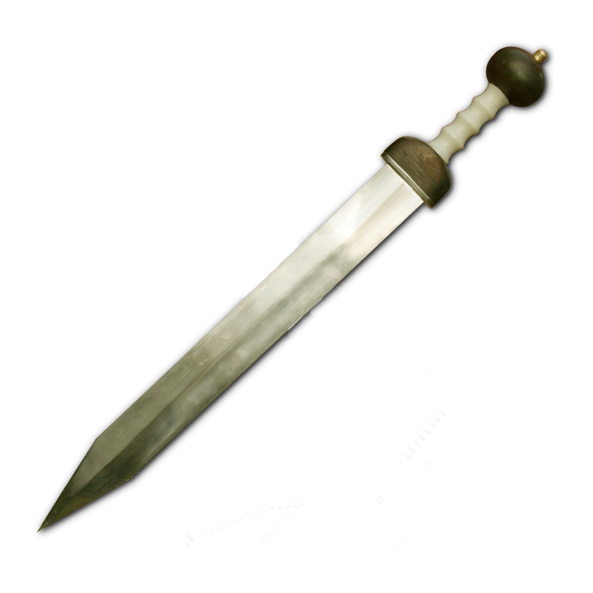 上图：新约时代罗马士兵使用的庞贝式短剑Pompeii Gladius，就像人的舌头，所以圣经把基督的道比喻为「骑白马者口中出来的剑」（启十九21）。「剑」（启一16；二12、16；六8；十九15、21）原文（rhomphaia/ῥομφαία）在古希腊的文献中指色雷斯人从主前第四世纪开始使用的长柄单刃刀，刀片约60-80厘米，柄长约50厘米。但在古罗马的文献中，rhomphaia最初是指「矛」、后来是指「剑」（Plutarch: Life of Aemilius Paulus 18; Eustathius, on Iliad verse VI 166; Hesychius）。罗马军队使用的「剑」并非长柄单刃刀、而是双刃短剑。因此，《启示录》中「两刃的利剑」（启一16）并不是指希腊长柄单刃刀，而是指当时的读者最熟悉的罗马双刃短剑。