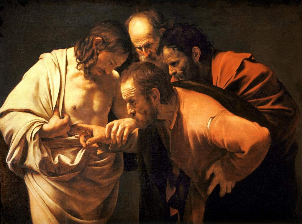 上图：意大利巴洛克画派卡拉瓦乔（Caravaggio，1571-1610年）创作的油画《圣多马的多疑 The Incredulity of Saint Thomas》，描绘复活的基督对多马说：「伸过你的指头来，摸我的手；伸出你的手来，探入我的肋旁。不要疑惑，总要信！」（约二十27-29）。在这幅画中，复活基督的头上没有光环，强调了祂的灵性身体是真实的。这身体有骨有肉，可以被摸到（路二十四39）、可以吃饭（路二十四41-42），但也可以忽然消失（路二十四31）、又忽然出现（路二十四36）。基督是复活之人初熟的果子（林前十五20），因此，复活的信徒在新天新地里也将带着类似的灵性身体，因为「血肉之体不能承受神的国，必朽坏的不能承受不朽坏的」（林前十五50）。但这并不是说需要医治就是「必朽坏的」，而「不必朽坏的」就不再需要生命树。相反，「不朽坏」意味着我们与生命的源头没有隔阂，永远都能得着生命树的供应和医治。