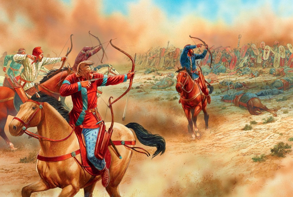 上图：主前53年的卡莱战役（Battle of Carrhae）揭开了罗马与安息帝国三百战争的序幕。安息帝国骑兵将军苏雷纳（Surena）用1000头骆驼驮箭，采用「安息回马箭 Parthian Shot」战术，以一万名骑射手击败了七个罗马军团共四万人。这是罗马史上最惨烈的败仗，罗马执政官克拉苏被杀，鹰标被夺。主后58年至63年，罗马与帕提亚又发生战争，以罗马惨败告终。此后罗马与安息帝国的战争持续到第三世纪，而与后继的波斯萨珊王朝的战争则持续到第七世纪。