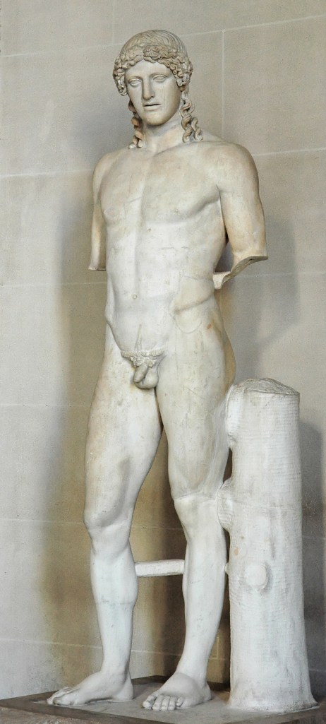 上图：被称为Apollo of Kassel的一系列阿波罗大理石像的罗马版本，1721被挖掘于意大利Paola湖附近的多米田别墅，现存于德国Kassel的Wilhelmshöhe城堡博物馆。原型是主前450年左右希腊雕刻家菲狄亚斯（Phidias）雕刻的雅典卫城蝗虫阿波罗（Apollo Parnopios Παρνόπιος）铜像，被第1-2世纪多米田时代的罗马人复制，有20多个已知的版本。启示录时代的罗马皇帝多米田热衷于崇拜阿波罗，自命是阿波罗的化身，还按蝗虫阿波罗的像铸造了硬币。阿波罗的称号Parnopios（Παρνόπιος，Parnopius ）源于 πάρνοψ，意思是蝗虫之主、蝗虫杀手。