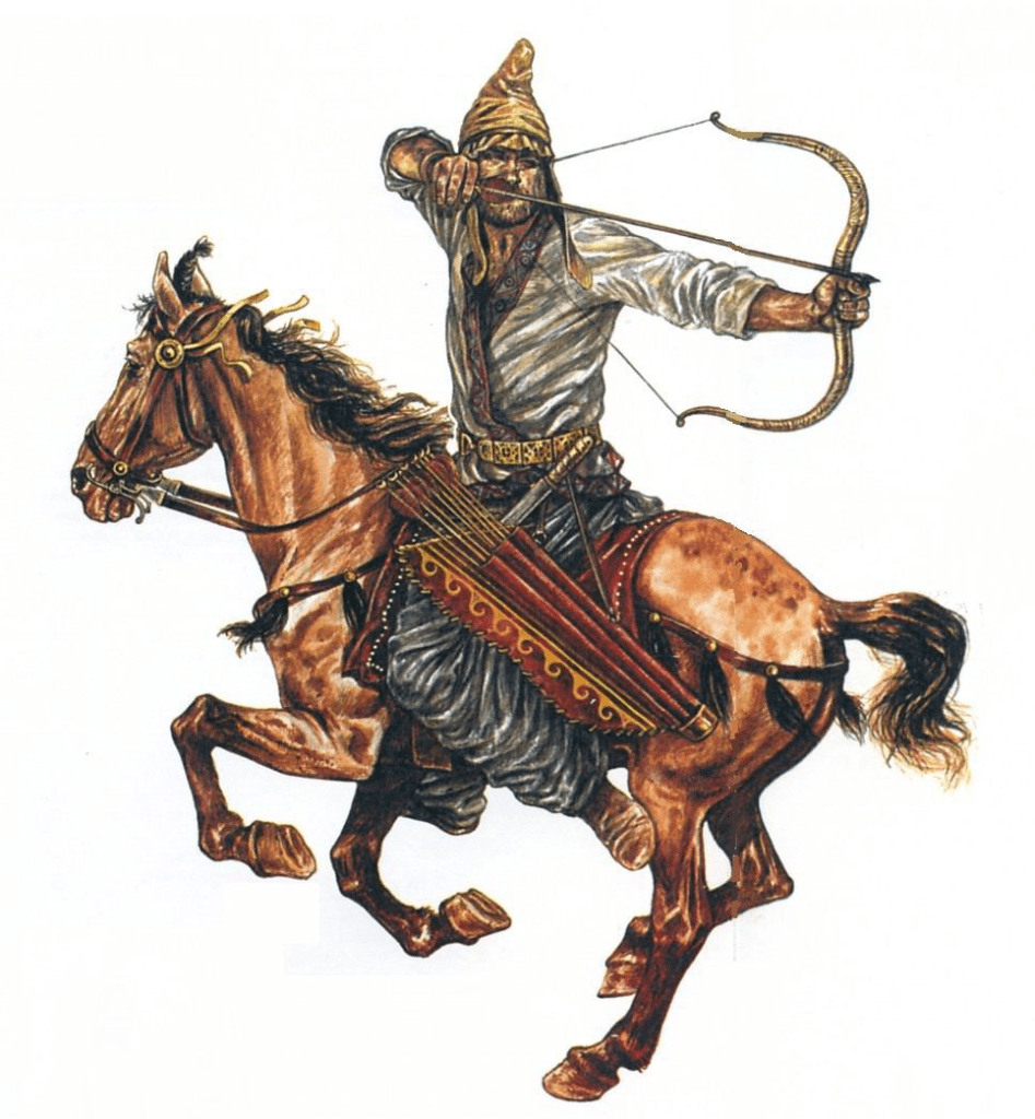 上图：帕提亚回马箭（Parthian Shot），又称安息回马箭，是一种由帕提亚人所发扬光大的弓骑兵战术。帕提亚人善于骑射，弓骑兵是安息帝国军中的主力。当年安息弓骑兵作战时广泛采用一种战术：于战场上佯作（或实际）撤退，引诱敌人（通常为骑兵）追赶。当敌人追至近身时，突然转身向身后的敌人发箭。由于距离较近，无须高超射术即可重创敌方。帕提亚人利用这一战术，在主前53年的卡莱战役（Battle of Carrhae）中战胜了罗马帝国。由于当时还没有发明马镫，骑手完全倚靠腿部的压力来引导马，所以这种战术需要精湛的马术技巧，后来主要在游牧民族的弓骑兵中普及。