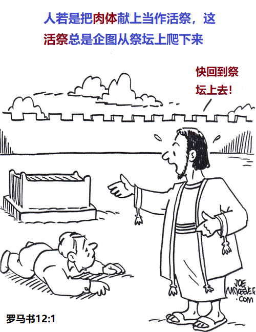 上图：漫画《活祭的麻烦》。将身体献上，不是将肉体献上。人若是将肉体献上当作活祭，这活祭总是要从祭坛上爬下来的。